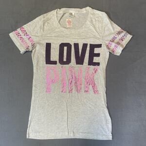 Victoria's Secret Pink Shirt Womens Medium Love Pink Sequin Leopard Graphic Tee